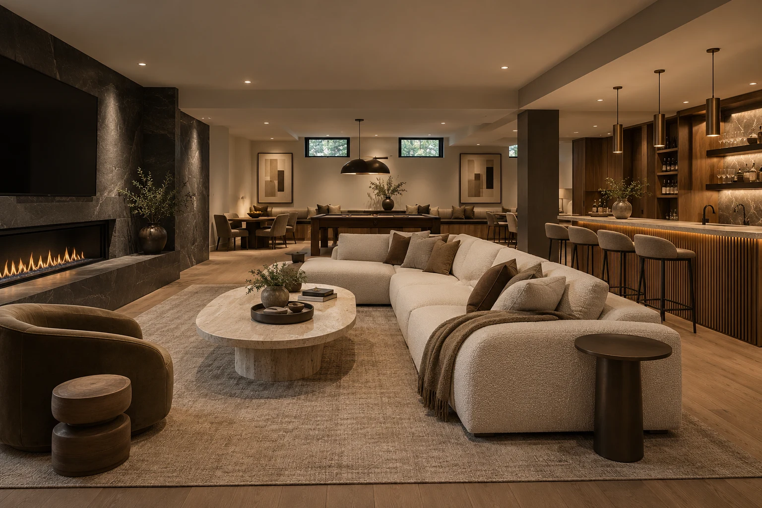 Contemporary basement lounge with oak cabinetry and natural stone