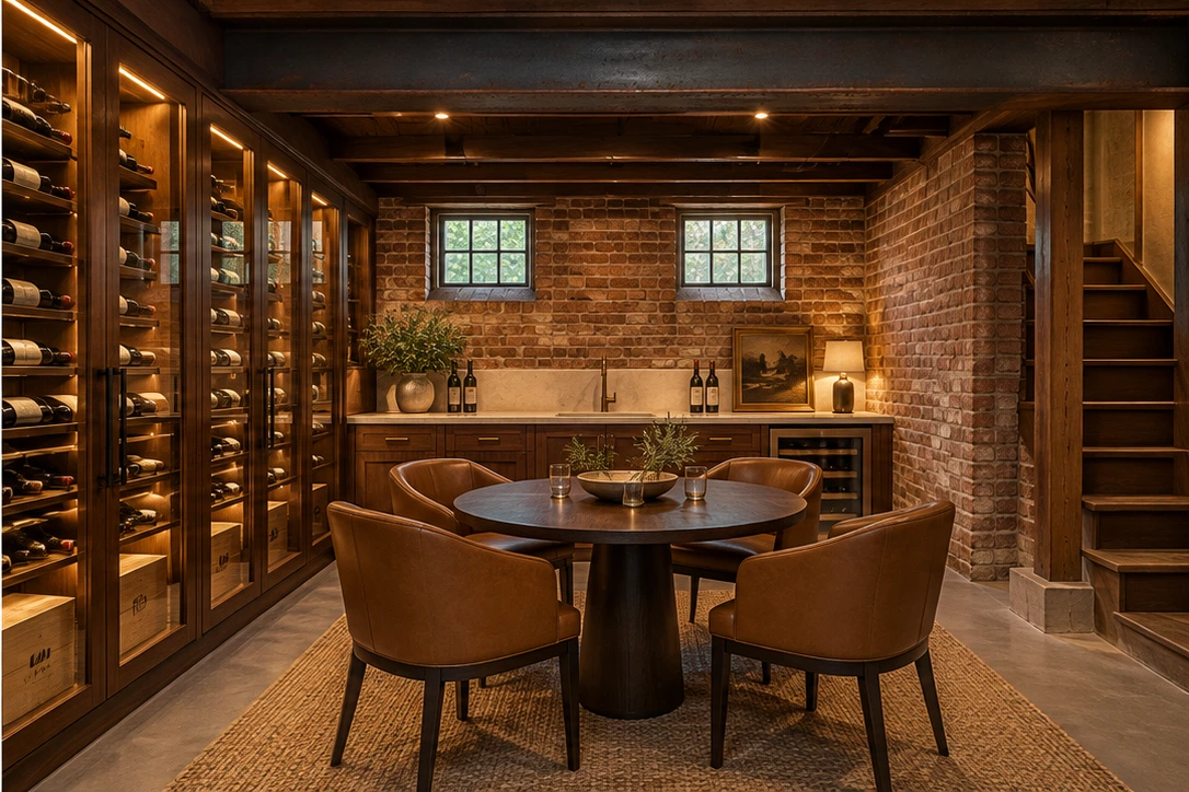 Warm walnut basement wine room and bar