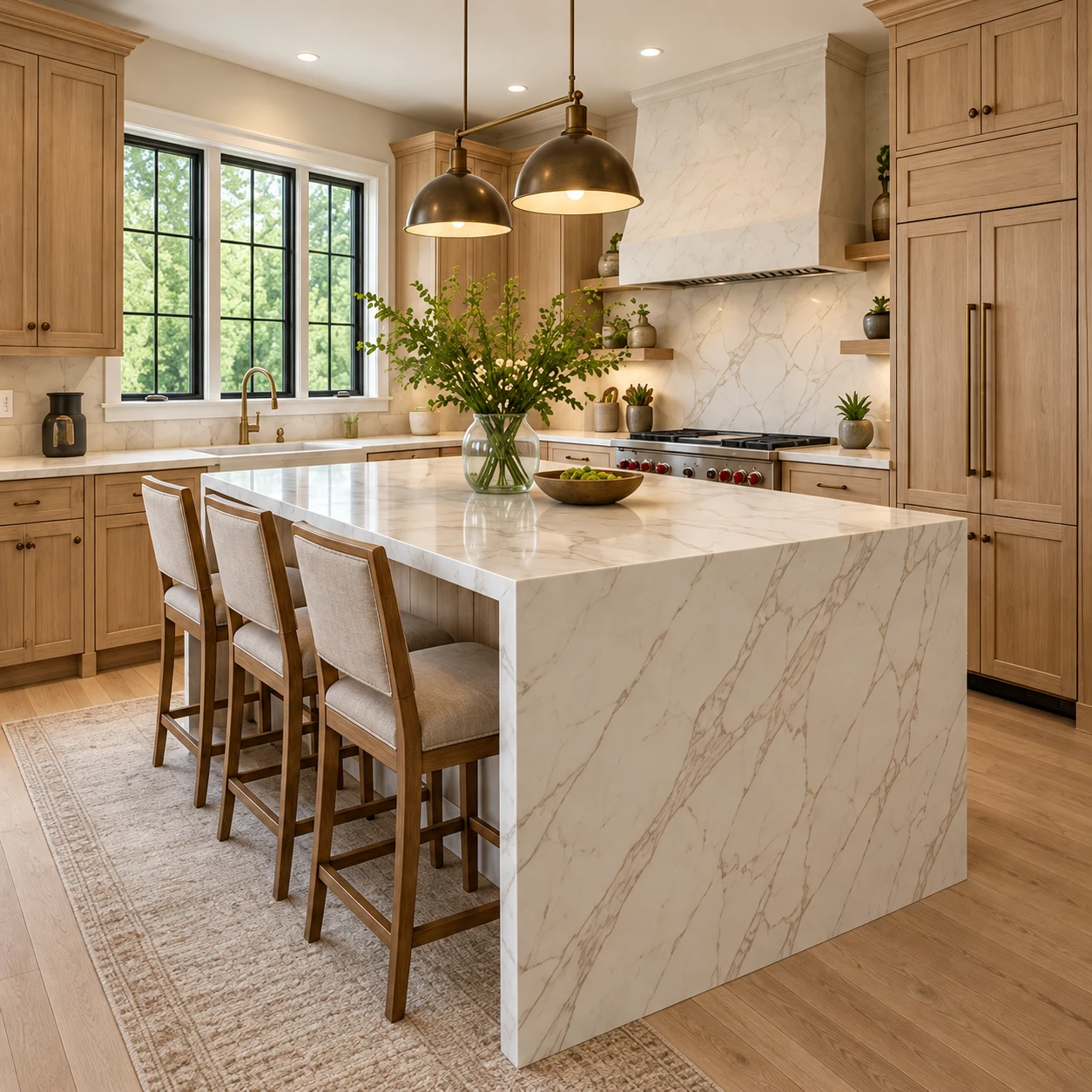 Oak cabinetry and stone island in a refined kitchen renovation concept
