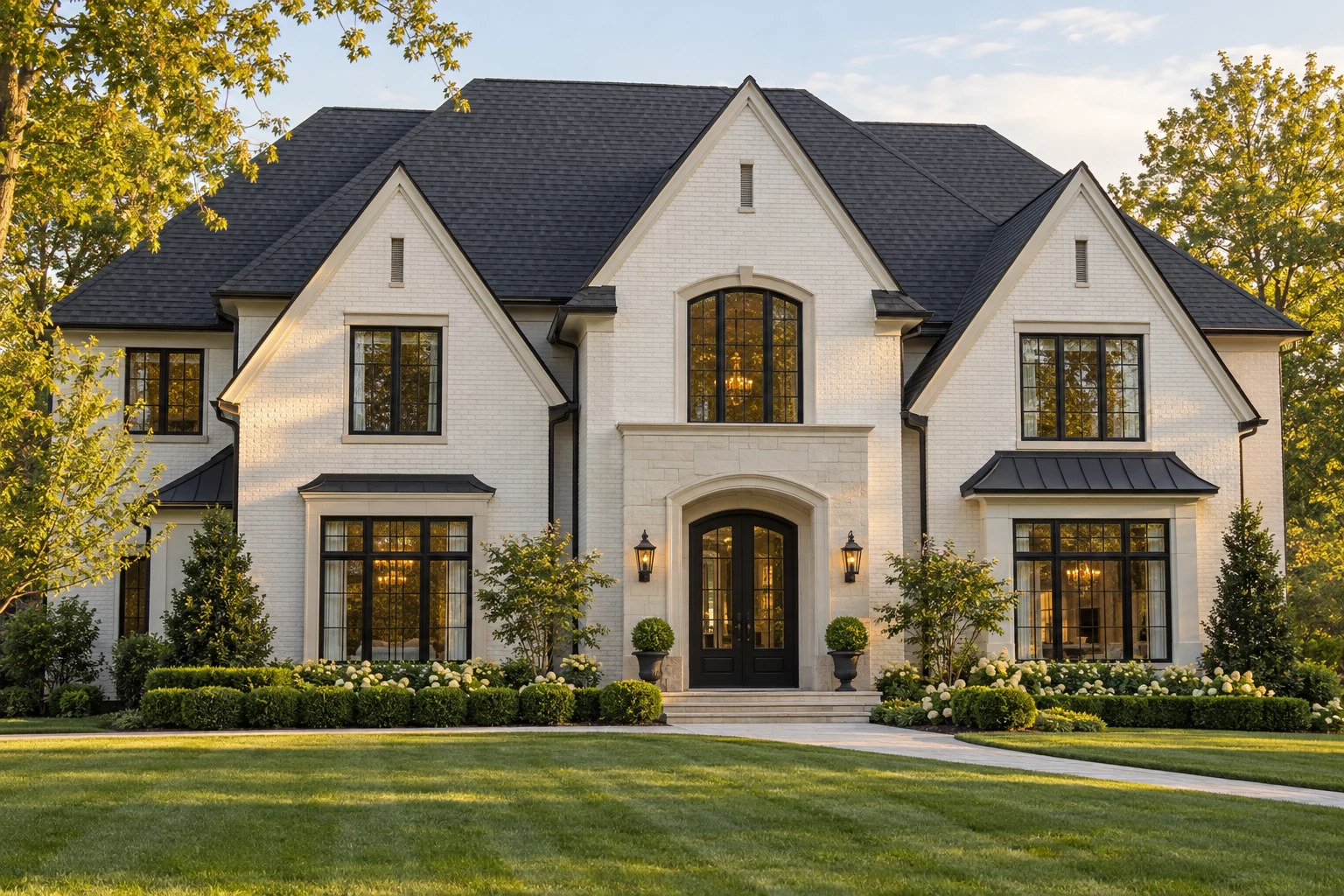 White brick home with a charcoal shingle roof